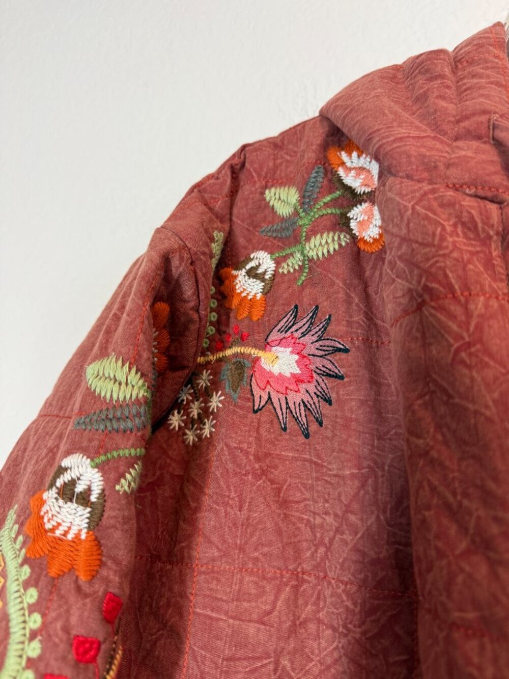 Boho Quilted Embroidered Floral Hoodie Jacket Coat Rust Indie Hippie Large - Picture 7 of 12